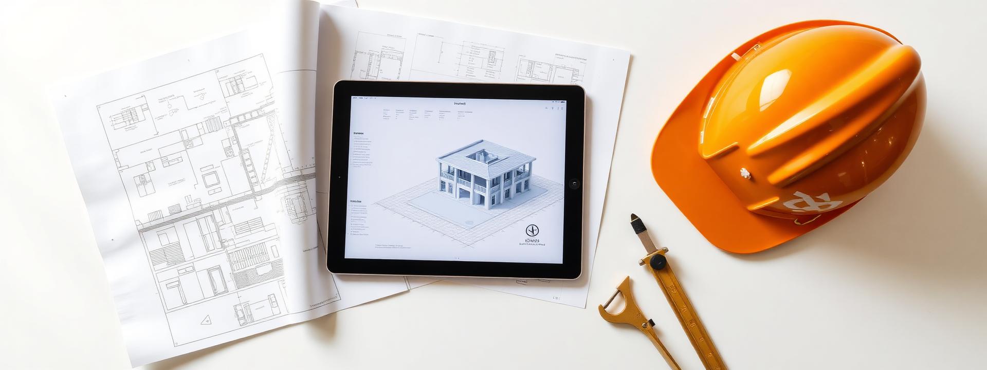 Construction blueprints with a tablet showing a 3D building model