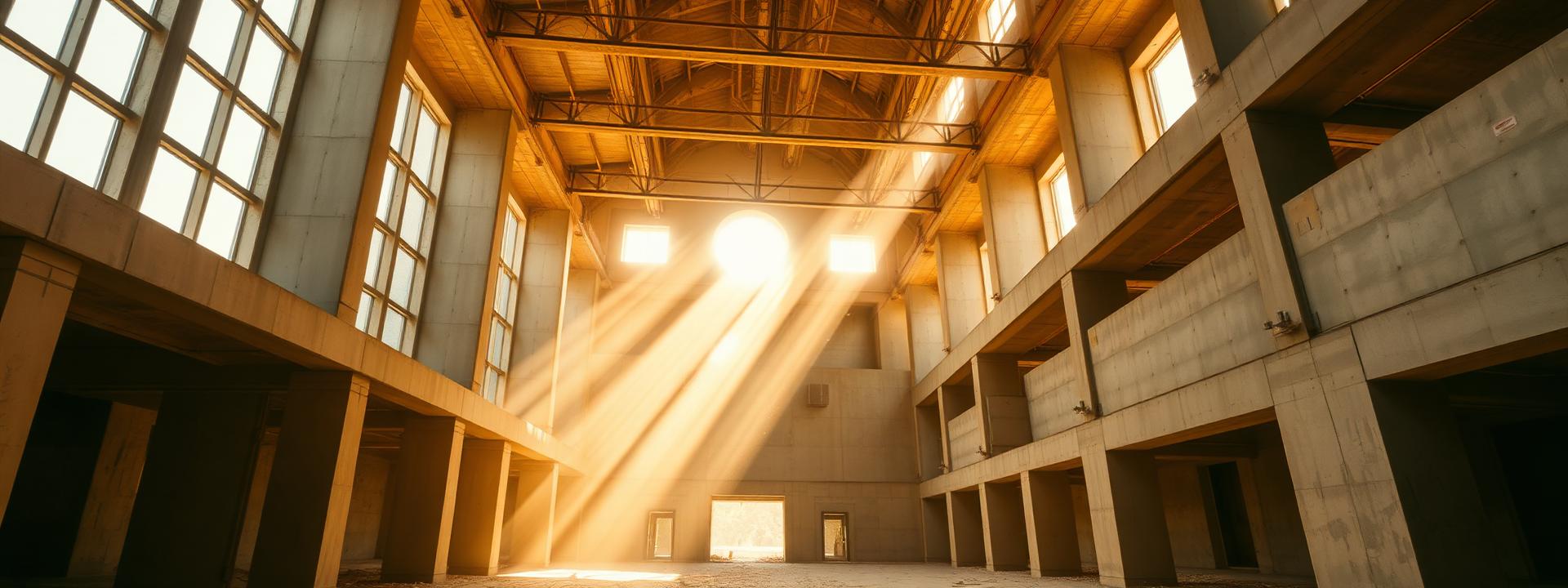 Sunlight streaming through an unfinished concrete structure