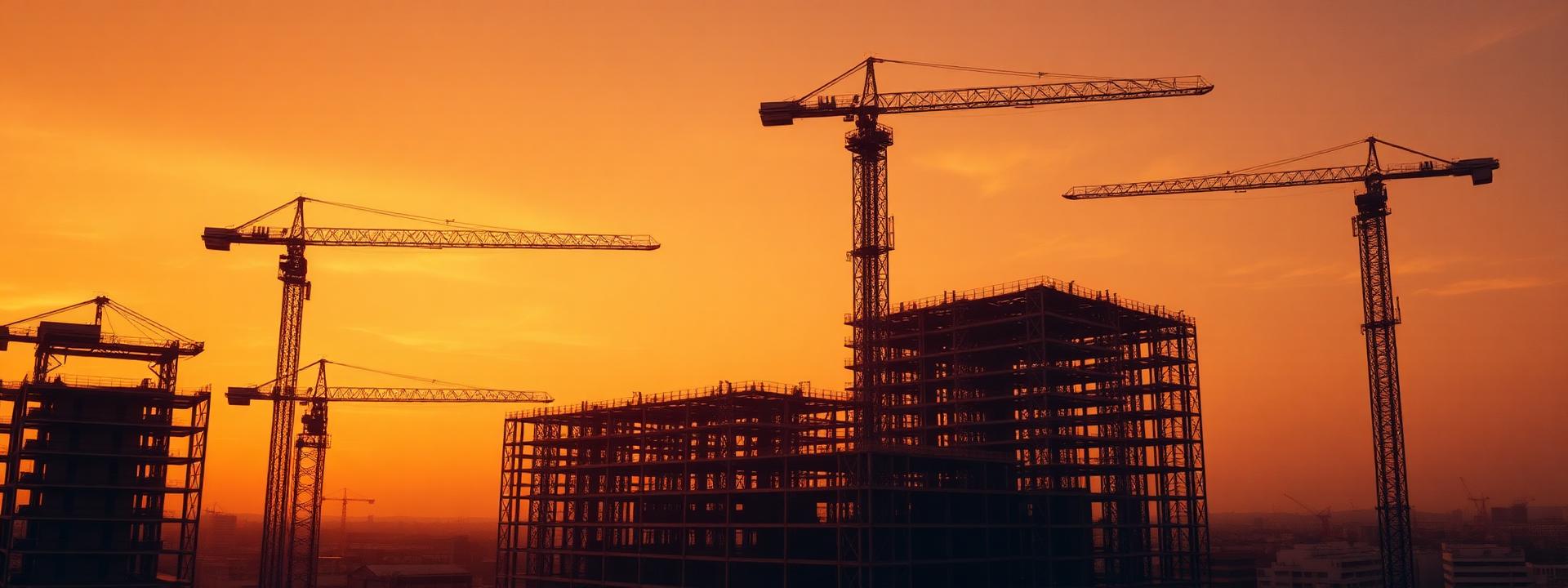 Tower cranes on a major construction site at sunset