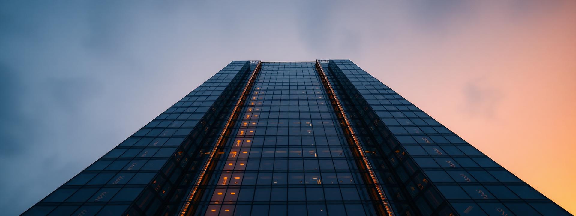 Looking up at a modern glass skyscraper at twilight
